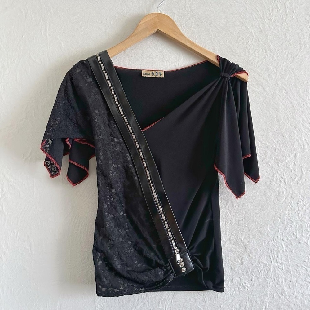 Vintage Black Lace Zipper Open Shoulder Top Size 2
